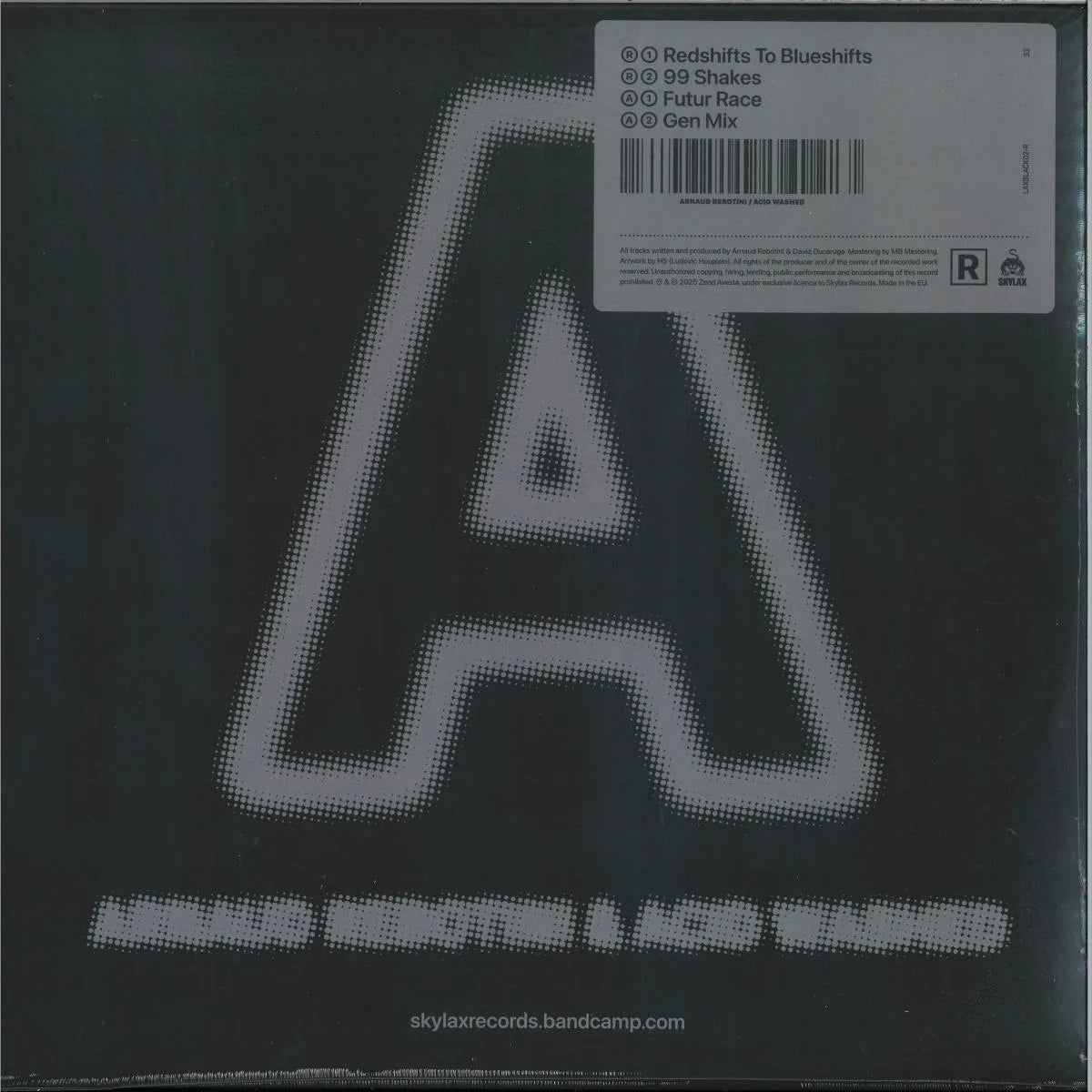 Arnaud Rebotini & Acid Washed – Redshifts to Blueshifts (R), 12" vinyl cover (Skylax Records, LAXBLACK02)
